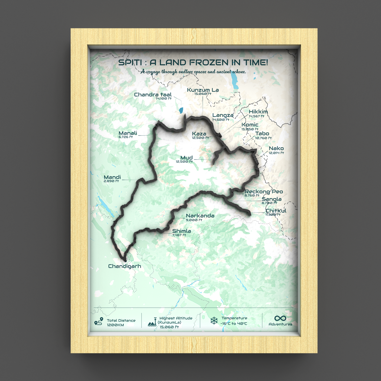 Spiti Circuit - Signature 3D Route Frame | Heritage Wood